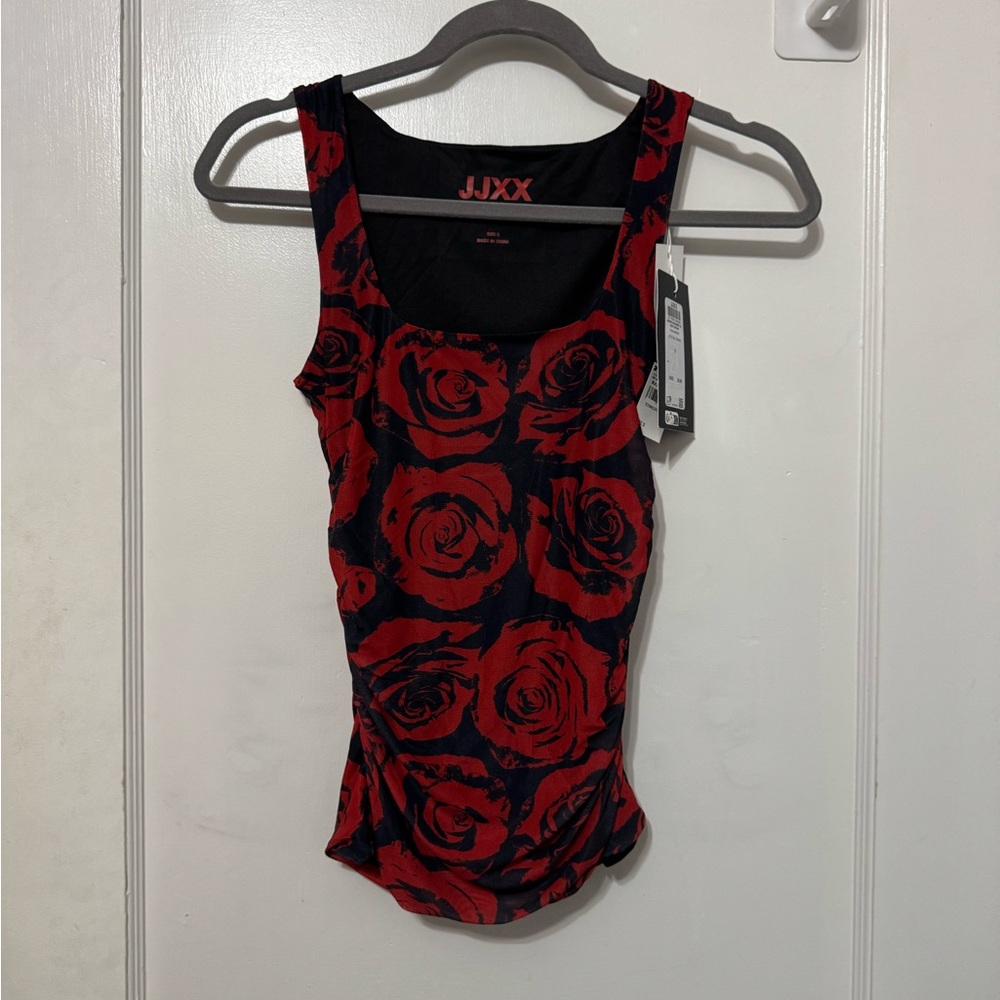 Women's JJXX Black and Red Rose Tank Top